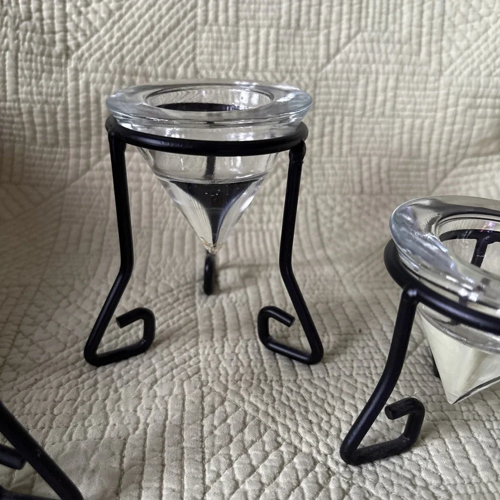 Vtg MCM Wrought Iron Glass Tea Light Holders Set of3 Glass Cone Votives Graduate